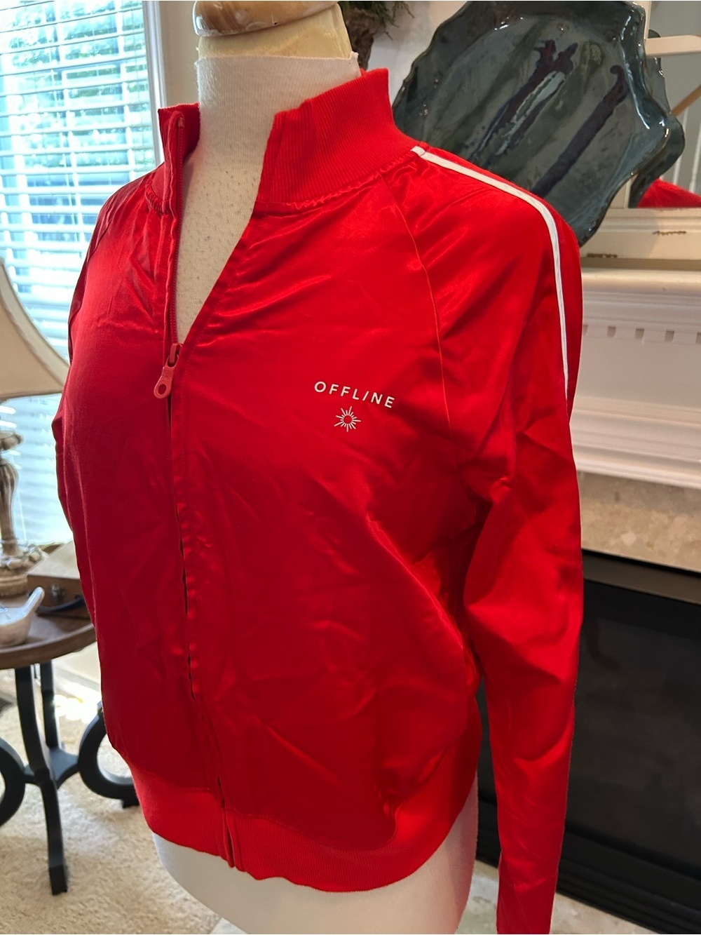 Aerie Red Satin Cropped Track Jacket with White Trim